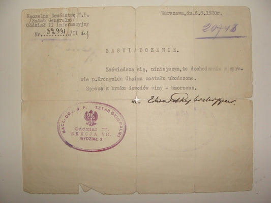 Letter Jewish Judaica Poland Warsaw 1920 Jews Court Trial Certificate Notice