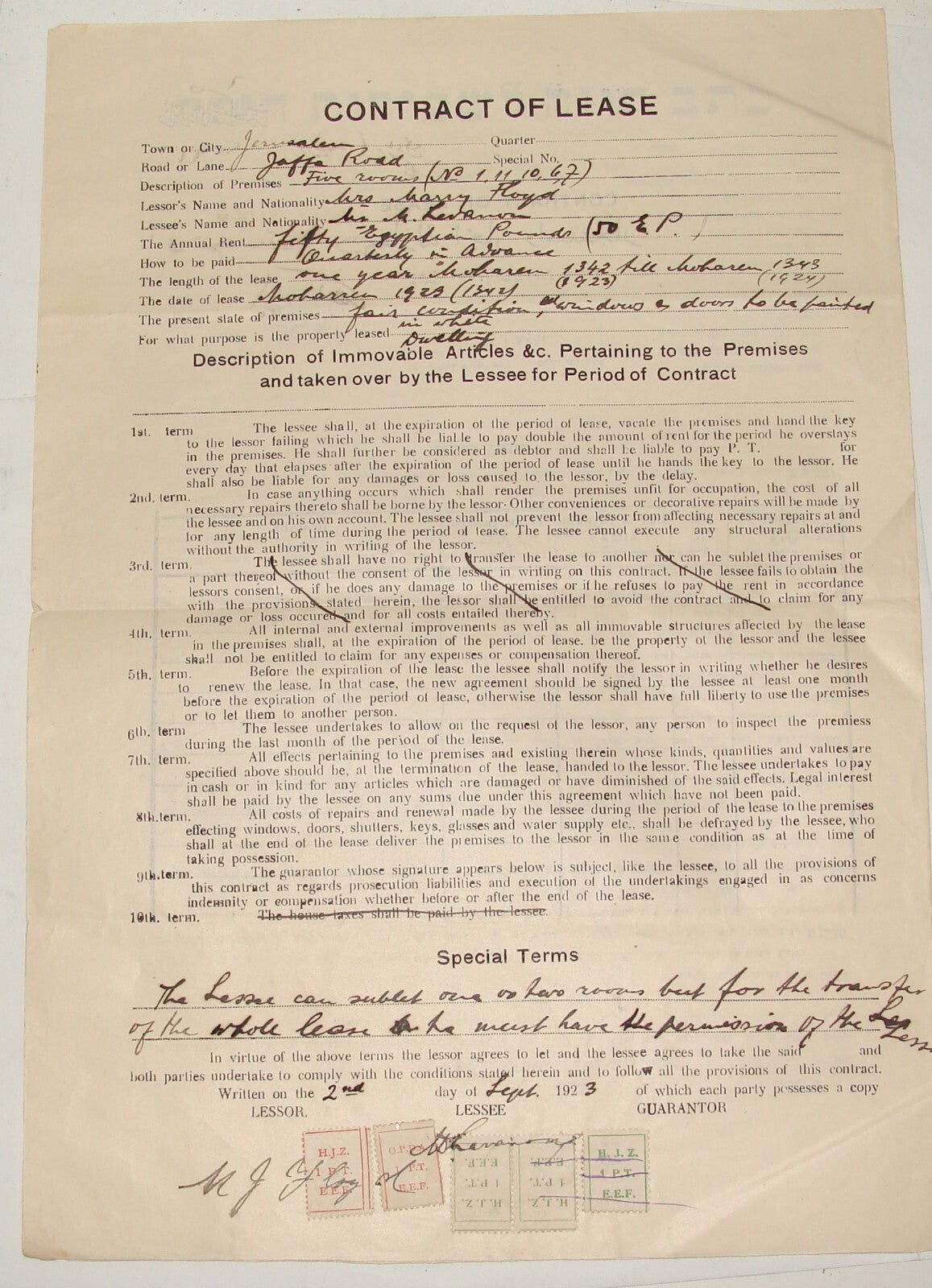 Stamp Palestine Jewish British Israel Jerusalem Jaffa Rd 1923 Lease Contract