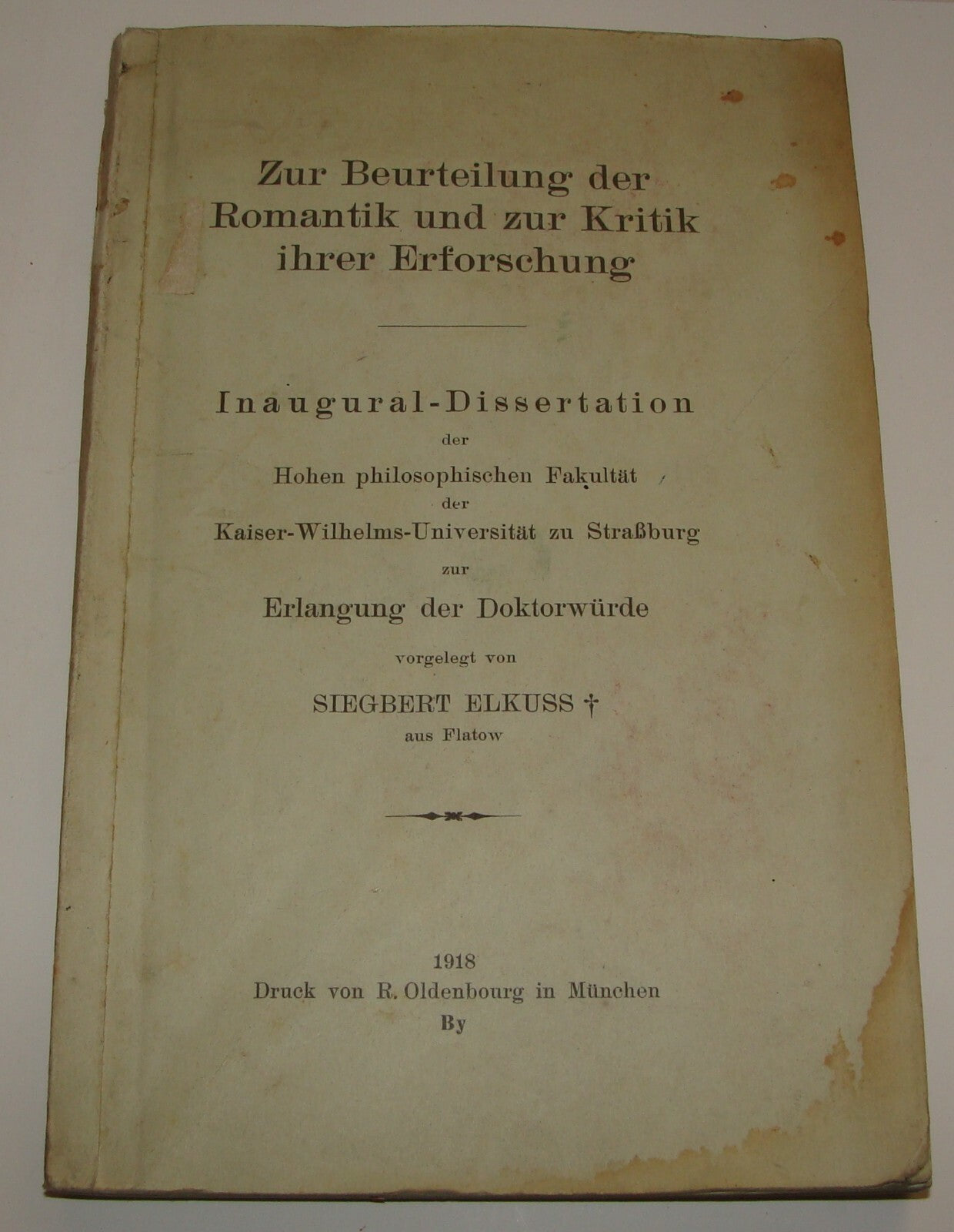 Germany German   1918 Zur Beurteilung der Romantik Book Siegbert Elkuss