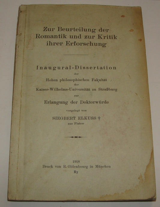 Germany German   1918 Zur Beurteilung der Romantik Book Siegbert Elkuss