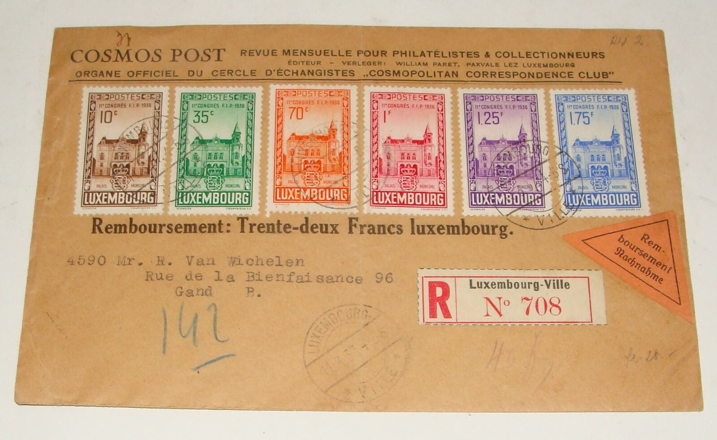 1937 LUXEMBURG Stamp Cover Cosmos Post French Philatelic