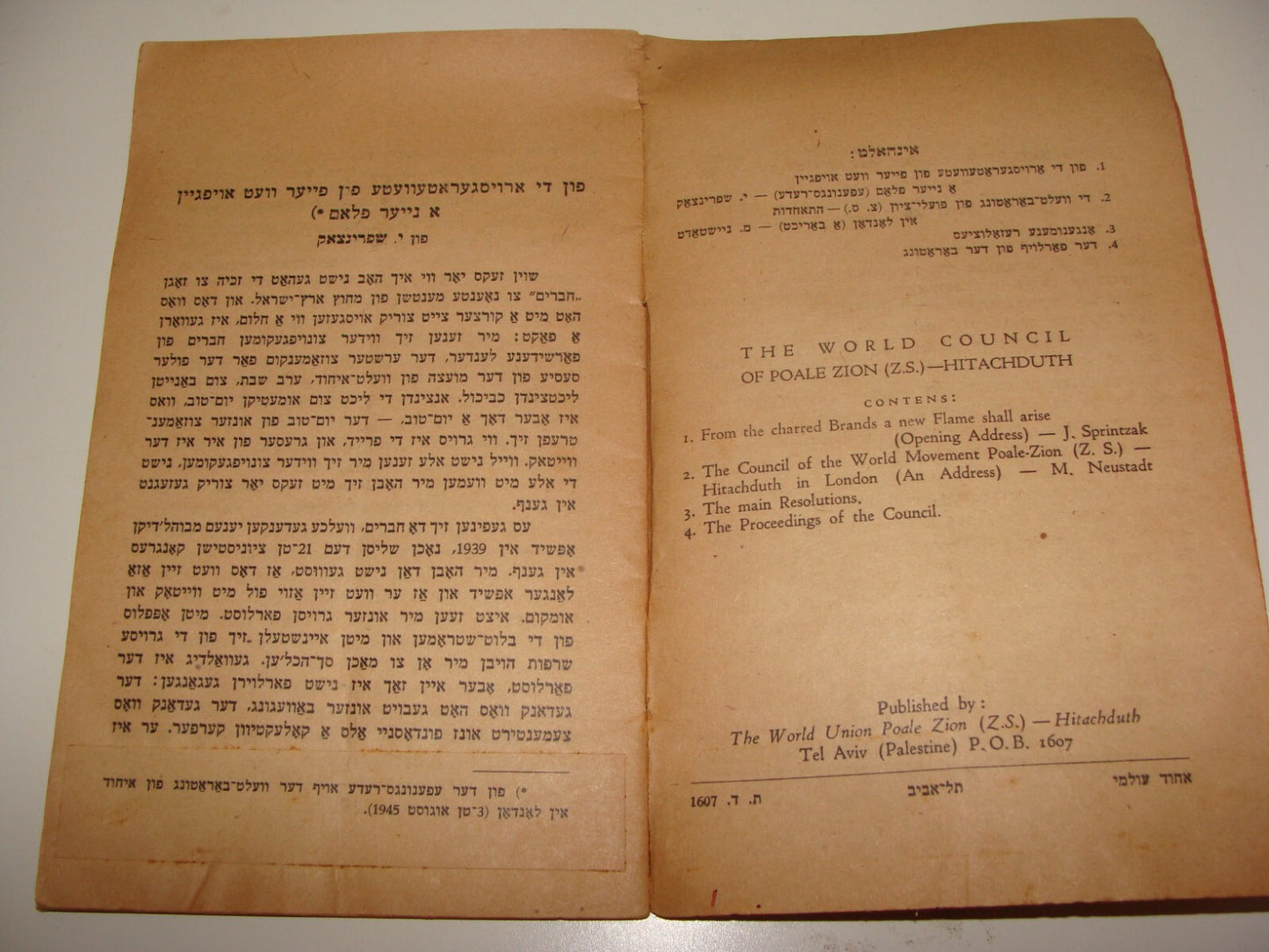 Booklet Palestine Jewish Judaica 1945 Israel Tel Aviv POALE ZION Zionist Yiddish