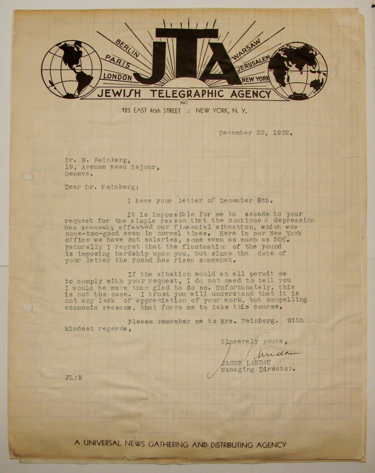 Letter Jewish Judaica Telegraphic Agency Jacob Landau SIGNED 1932 New York USA