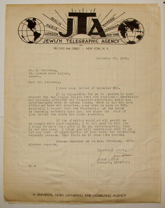 Letter Jewish Judaica Telegraphic Agency Jacob Landau SIGNED 1932 New York USA