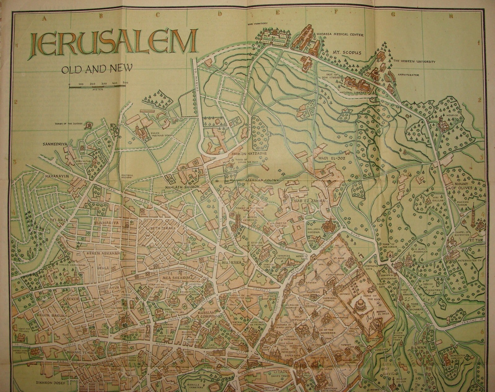 RARE 1941 Steimatzky’s Pictorial Map Jerusalem Palestine Israel Monson Litho