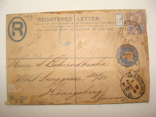 Germany 1901 Britain England Stationery Revenue Stamp Registered Cover Hamburg