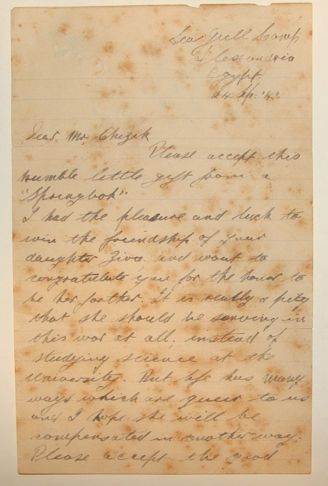 Letter Jewish 1943 WWII British Army Military Soldier Egypt Alexandria Camp