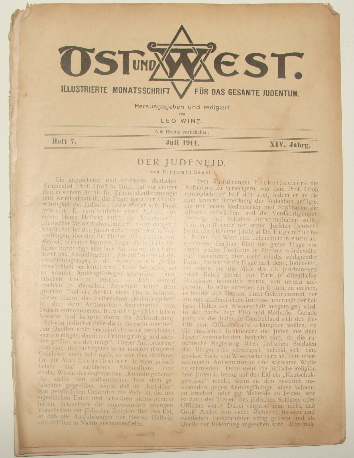 Germany Journal Jewish Judaica 1914 German Berlin OST UND WEST Zionist LEO WINZ