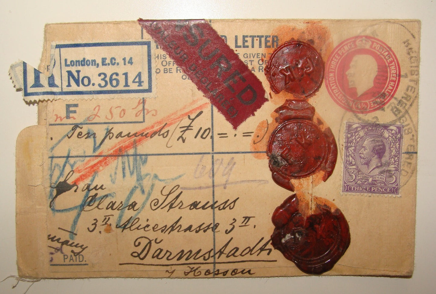 Germany 1920s Britain England UK London Cover Stamp Red Wax Seal To   Darmstadt