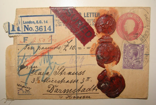 Germany 1920s Britain England UK London Cover Stamp Red Wax Seal To   Darmstadt