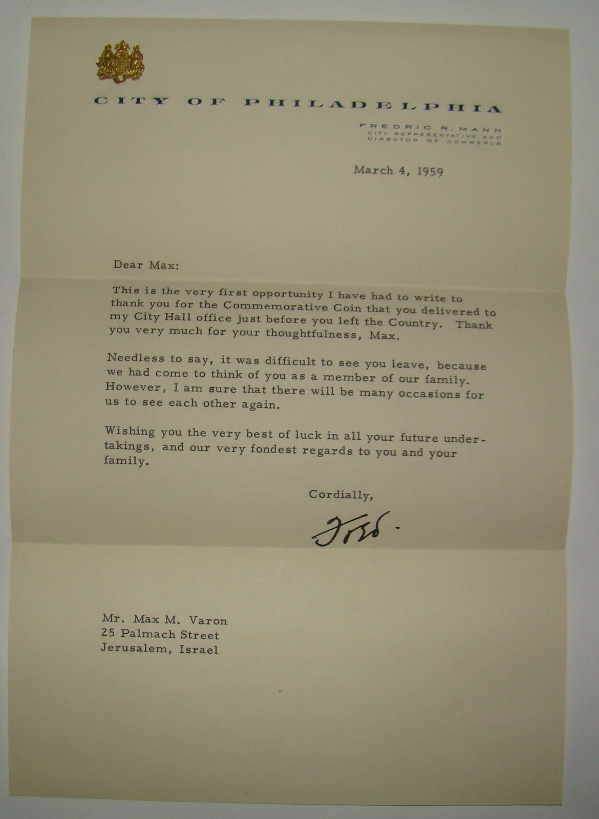 Letter Israel Fredric R. Mann Philadelphia Signed 1959 Max Varon