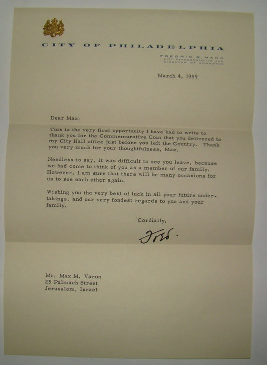 Letter Israel Fredric R. Mann Philadelphia Signed 1959 Max Varon