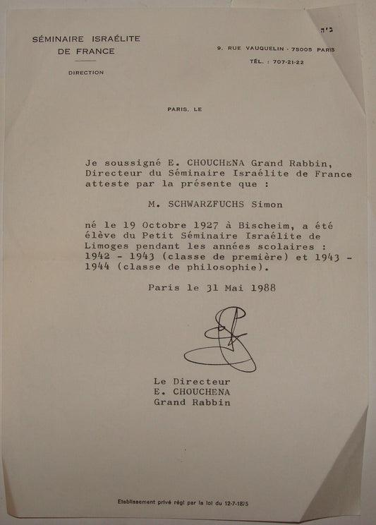 Letter Jewish Judaica Rabbi Emmanuel Chouchena France French Paris 1988