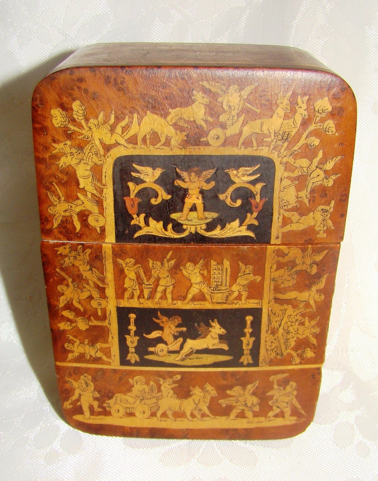antique vintage card holder box wood wooden cupid angels hand made