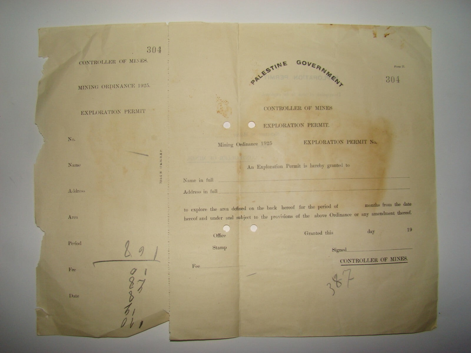 Pol Palestine Government Controller of Mines Exploration Permit Certificate
