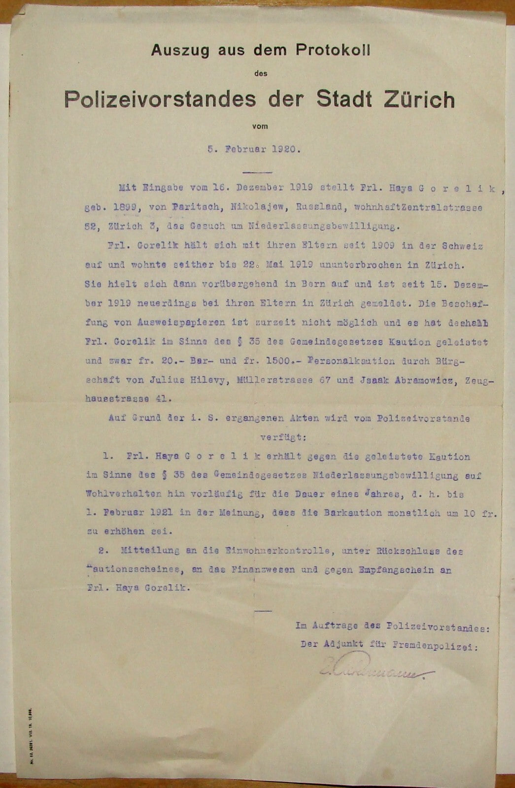 Letter Jewish 1921 Switzerland Zurich Police Judaica German GORELIK Certificate