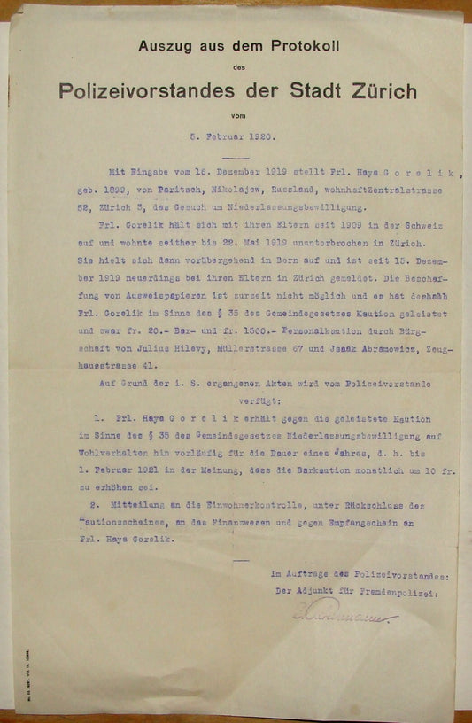 Letter Jewish 1921 Switzerland Zurich Police Judaica German GORELIK Certificate