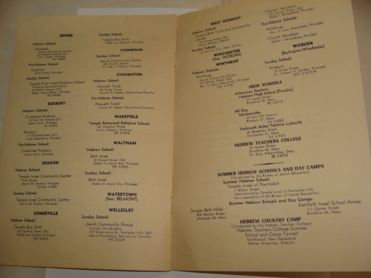 Judaica 1957 United States Boston Massachusetts Jewish Education Directory