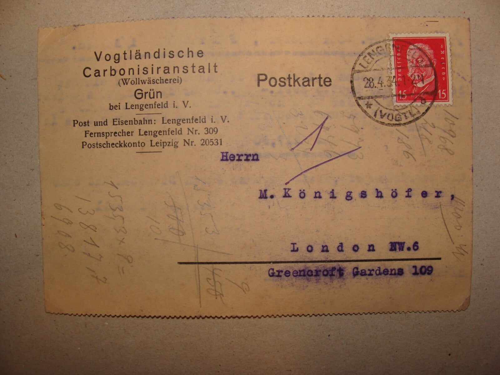 Germany 1934 Vogtland Lengenfeld carbonisiranstalt Letter Stamp Postcard London