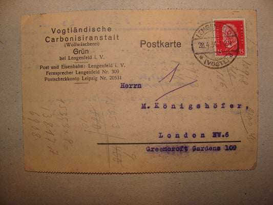 Germany 1934 Vogtland Lengenfeld carbonisiranstalt Letter Stamp Postcard London