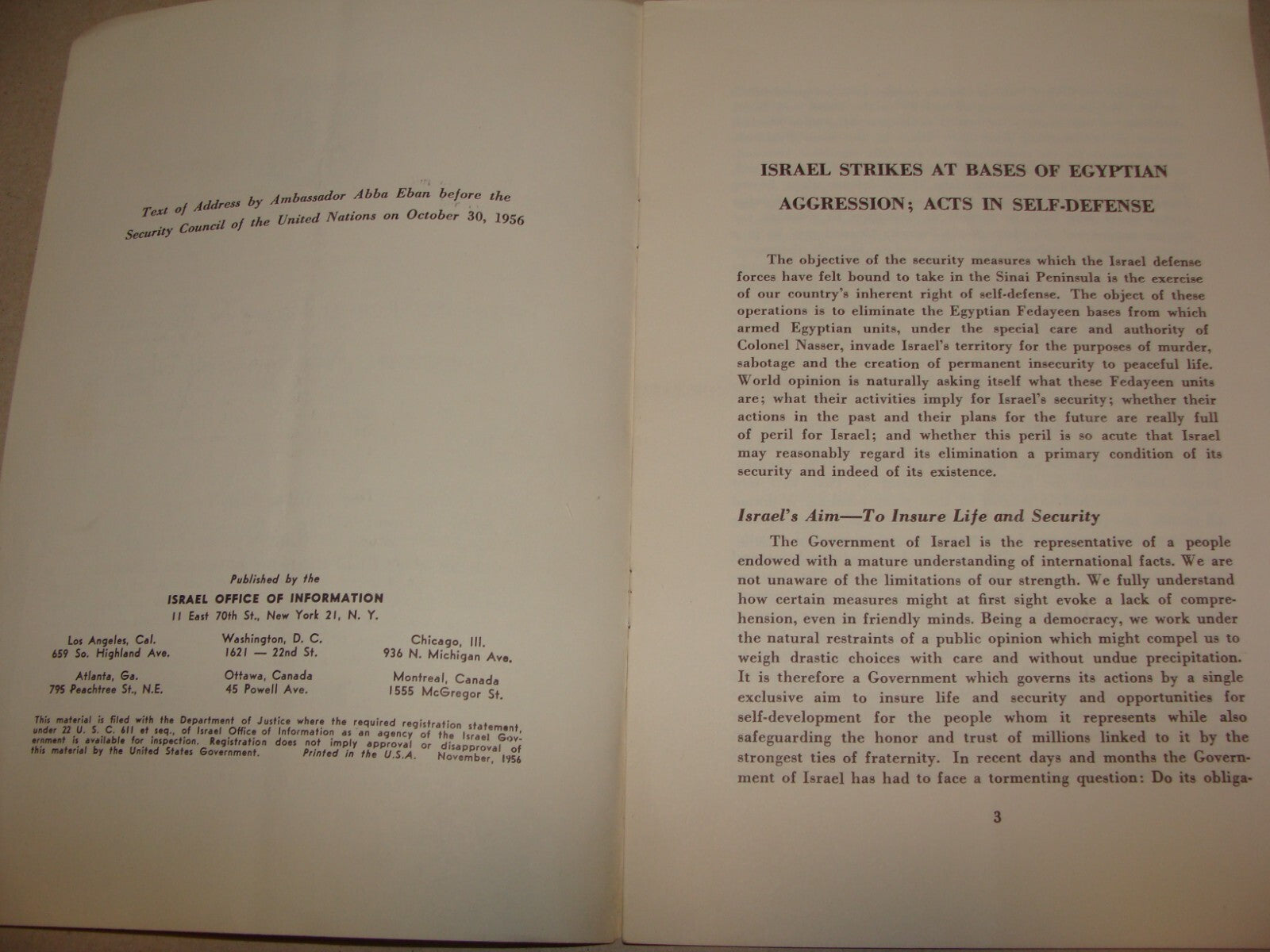 Israel Army Ad 1956 Israeli Ambassador ABBA EBAN Address Egypt Sinai War