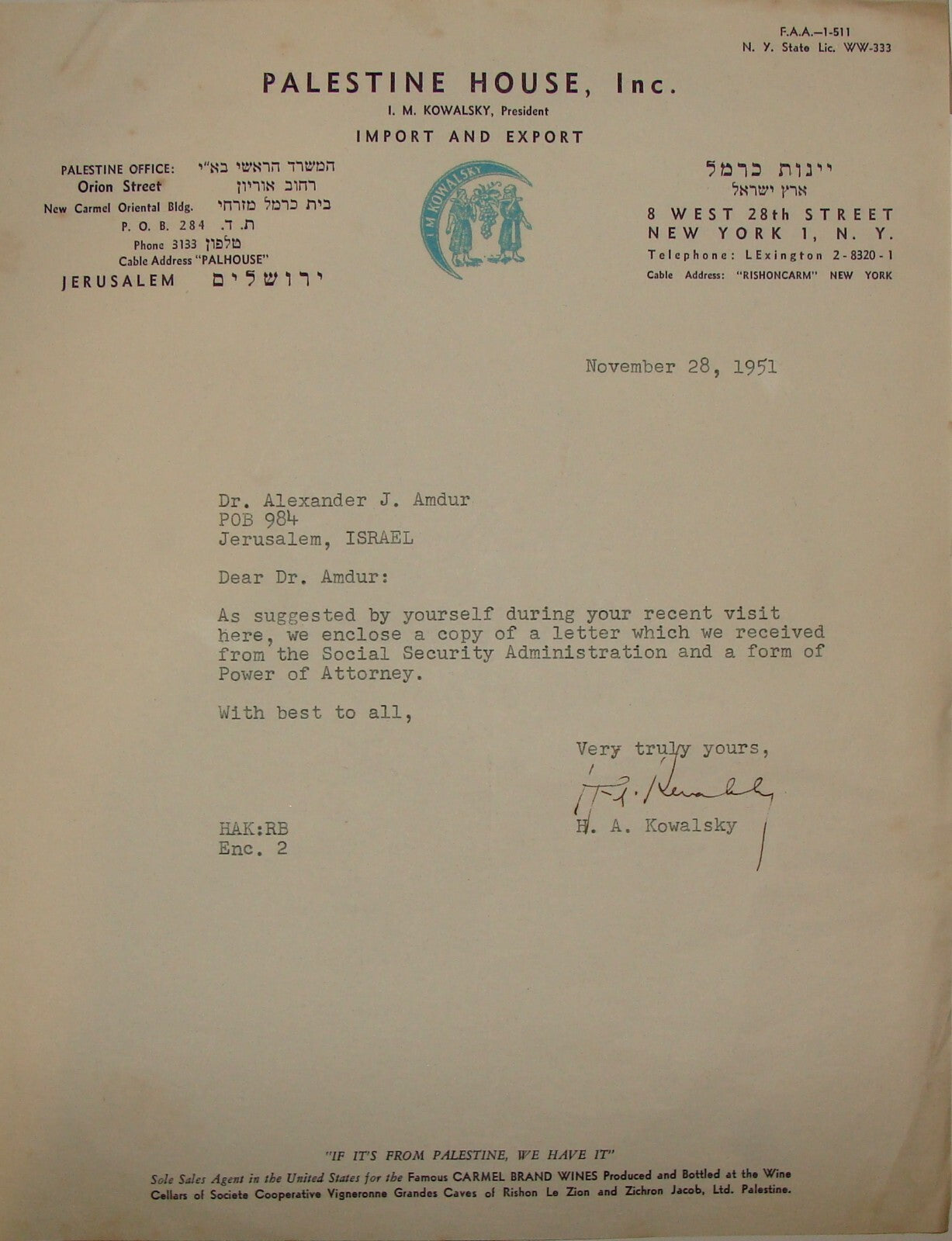 Letter Palestine Jewish Judaica 1951 Israel Israeli HOUSE Carmel Wine Kowalsky
