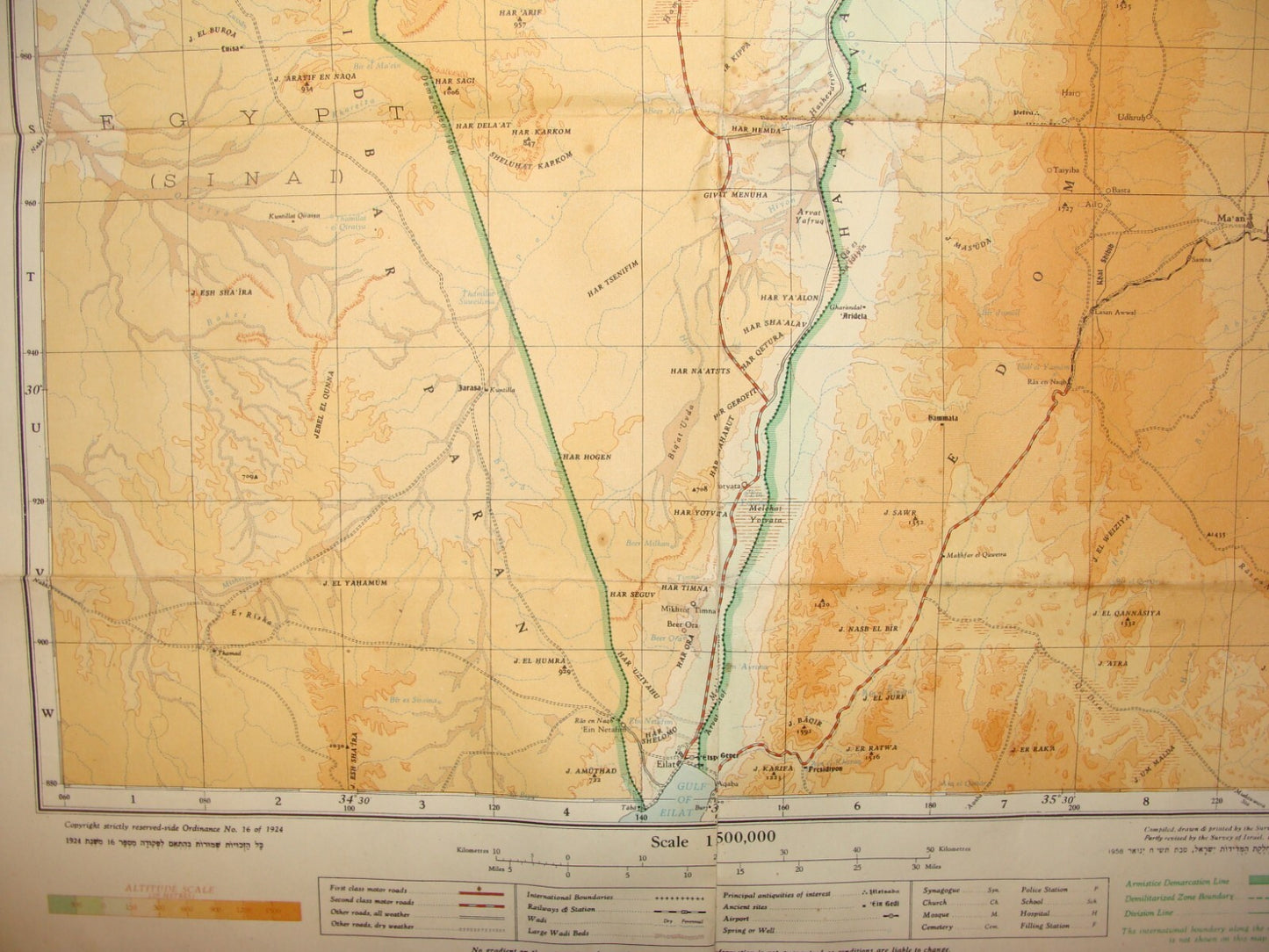Map Jewish ISRAEL 1958 10th Anniversary Green Line 1:500,000
