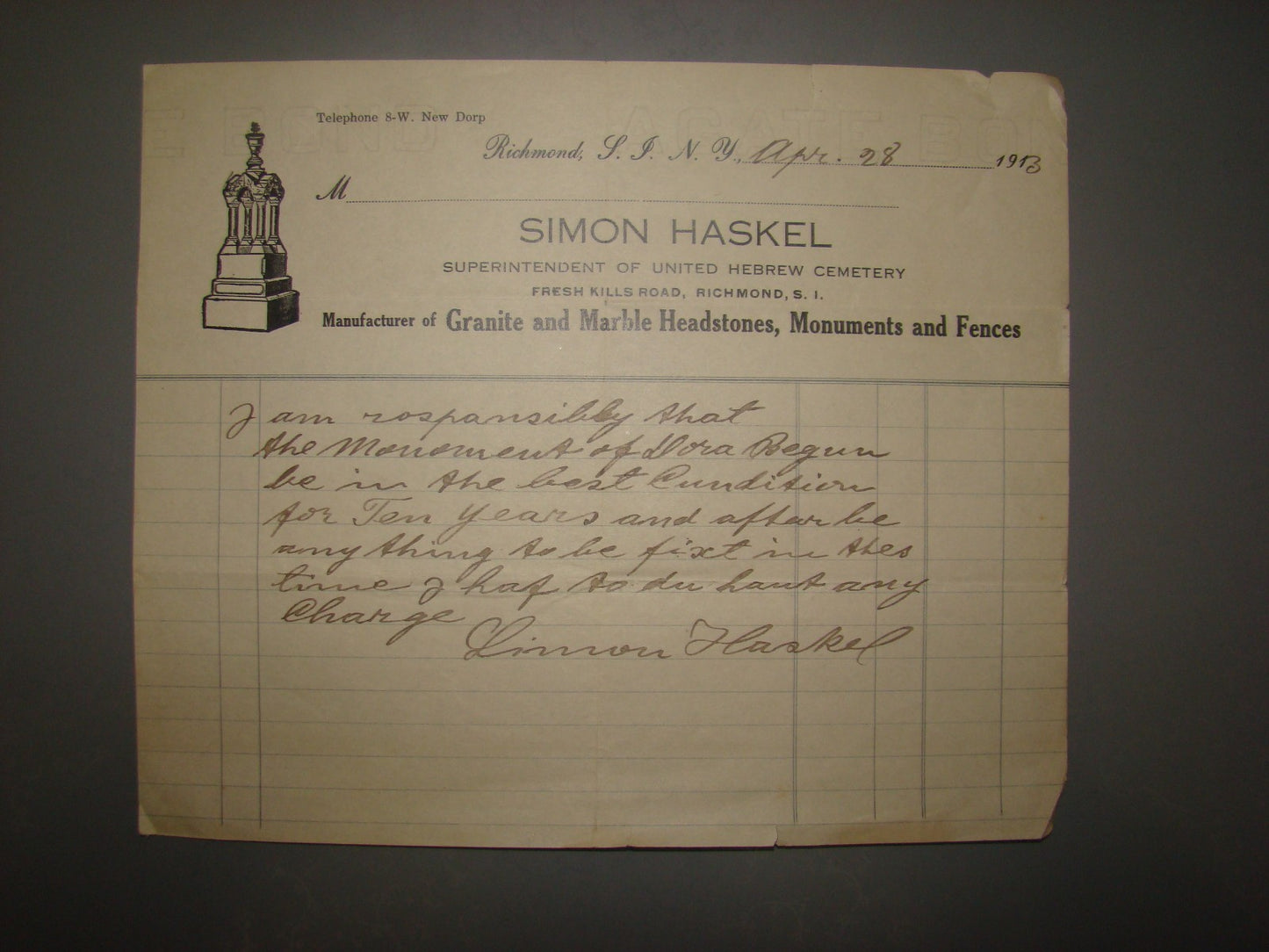 Letter Jewish Judaica 1913 Rabbi USA American Hebrew Cemetery Haskel Signed NY