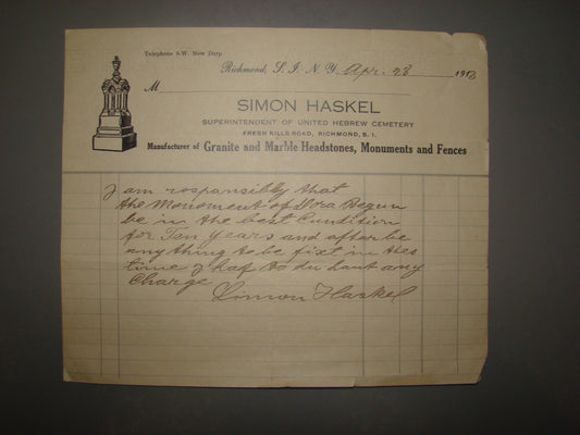 Letter Jewish Judaica 1913 Rabbi USA American Hebrew Cemetery Haskel Signed NY