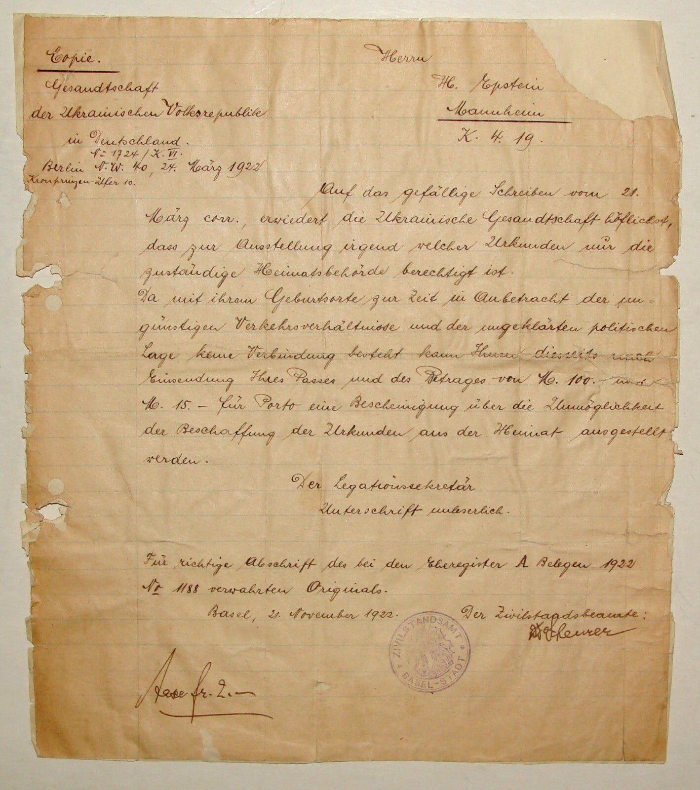 Germany Letter Jewish 1924 German Ukraine Embassy Consul Consulate Epstein Basel