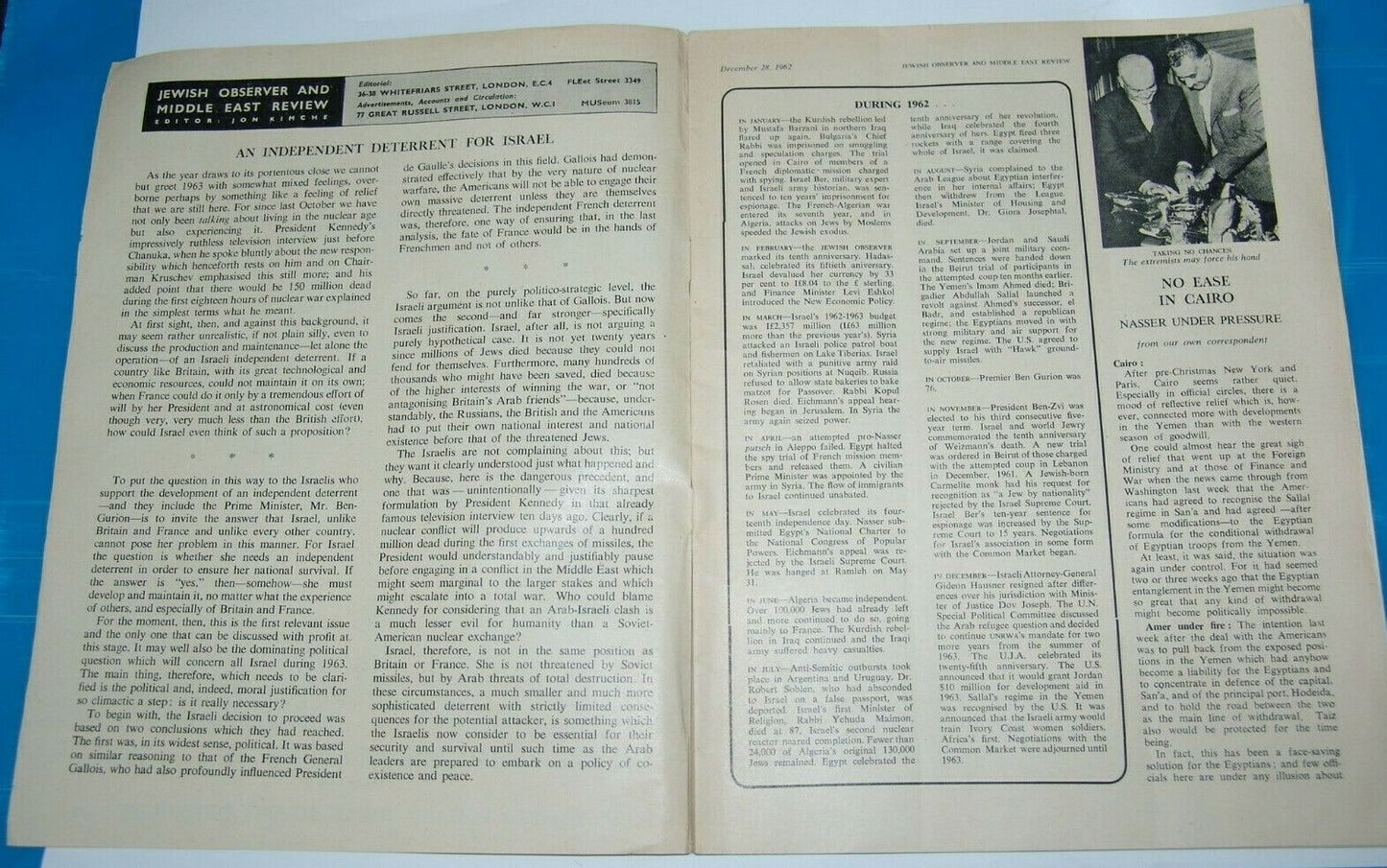 Newspaper Jewish observer israel israeli Moshe Dayan middle east review ad 1962