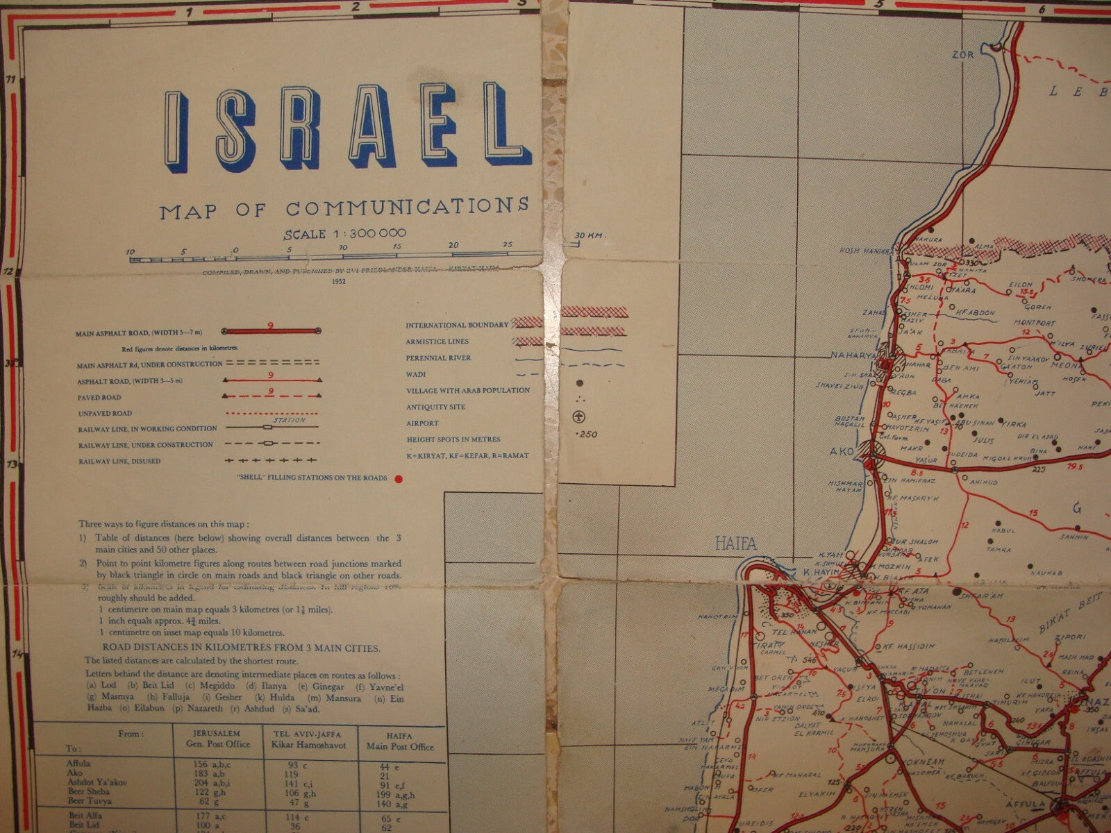 1952 ISRAEL Israeli PELTOURS Map of Communications *TORN