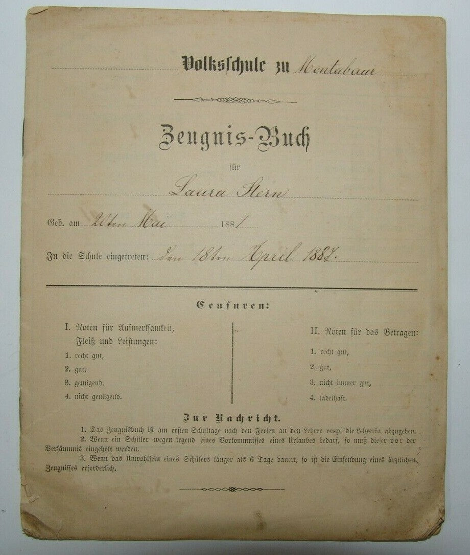 Germany Jewish Judaica Montabaur STERN School Certificate German 1880's