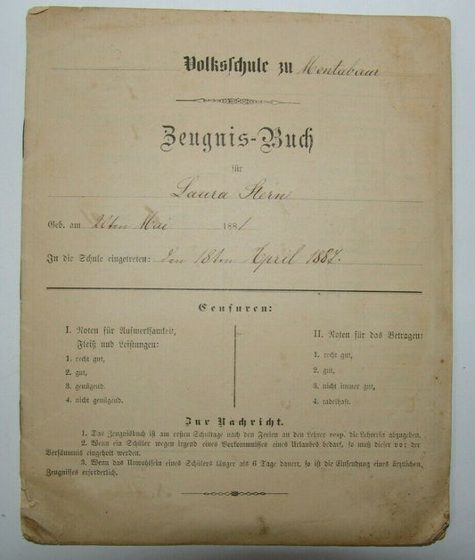 Germany Jewish Judaica Montabaur STERN School Certificate German 1880's