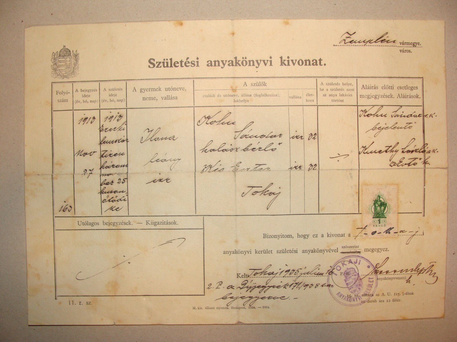 Jewish Judaica 1935 Hungary Tokaji Birth Certificate
