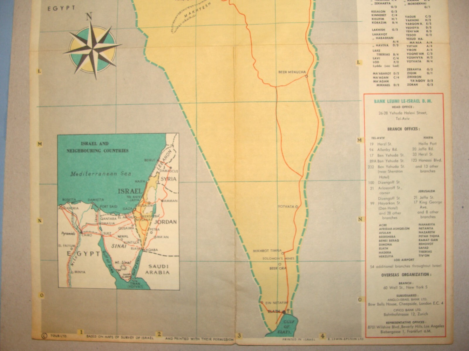 Map Jewish Judaica 1962 Pre Six Day War ISRAEL Israeli Touring Bank Leumi