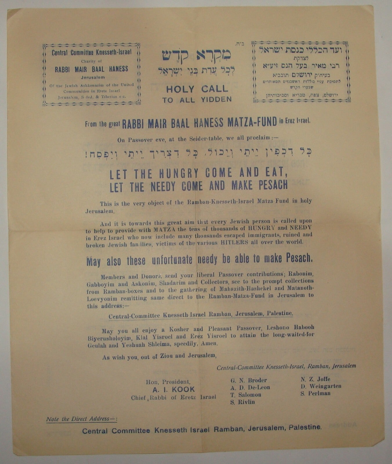 Letter Jewish Judaica Rabbi Passover Pesach Matza Fund Jerusalem Yiddish KOOK