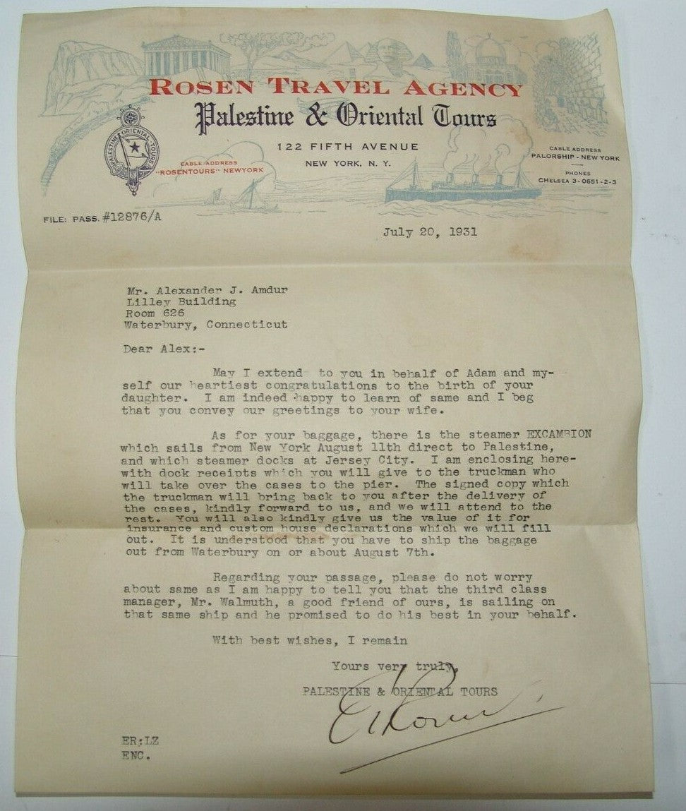 letter Jewish Judaica New York Rosen Travel Agency logo signed signature 1931