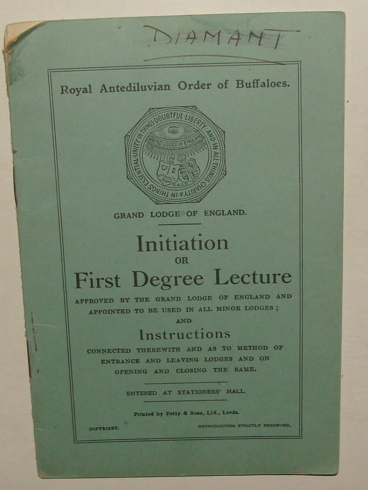 Freemason Masonic Grand Lodge of England Initiation or First Degree Lecture