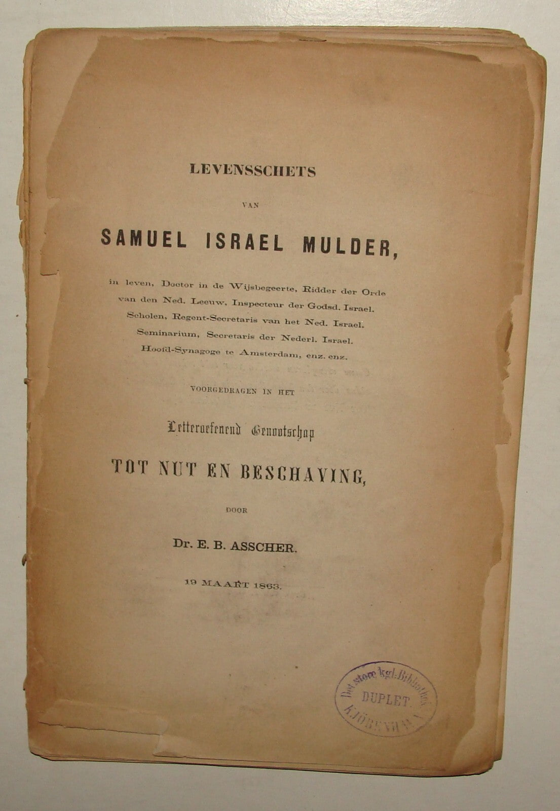 Book Jewish Judaica Dutch Holland Netherlands SAMUEL ISRAEL MULDER 1863 Asscher