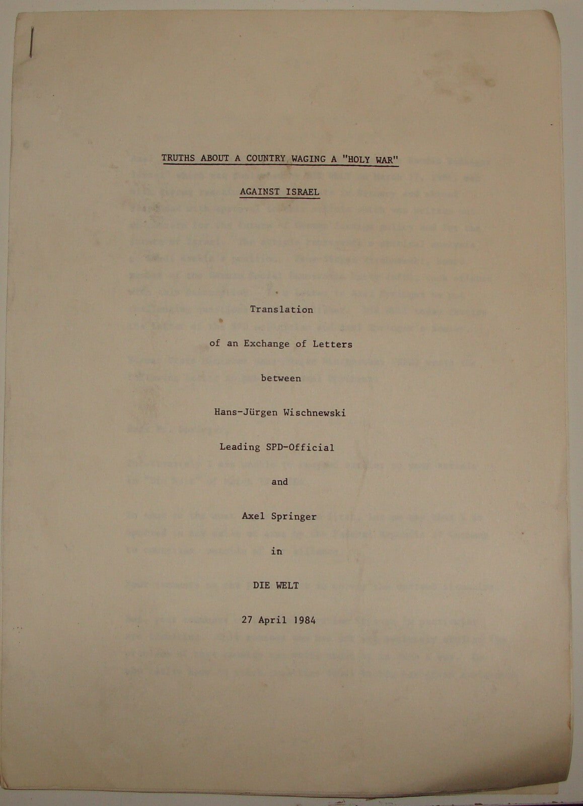 Germany Paper Palestine Jewish 1984 German DIE WELT Israel Wischnewski Springer
