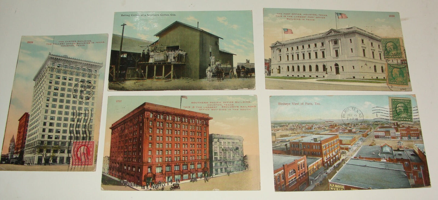 1910 UNITED STATES TEXAS HOUSTON PARIS POSTCARD X5