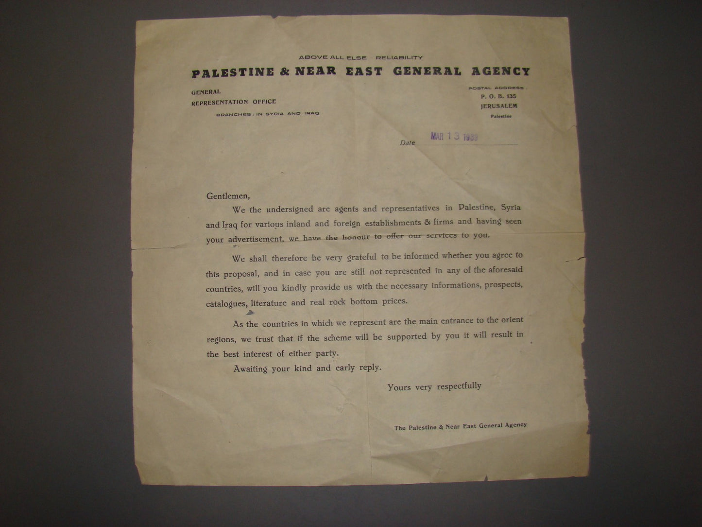 Ad Palestine vintage & near east general agency advertisement 1939