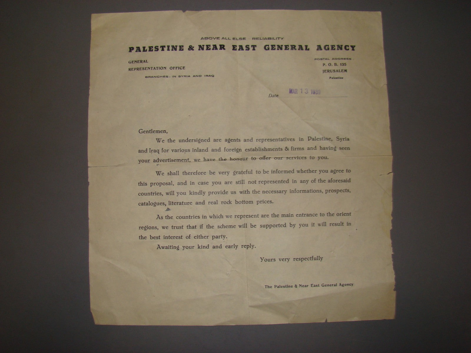 Ad Palestine vintage & near east general agency advertisement 1939