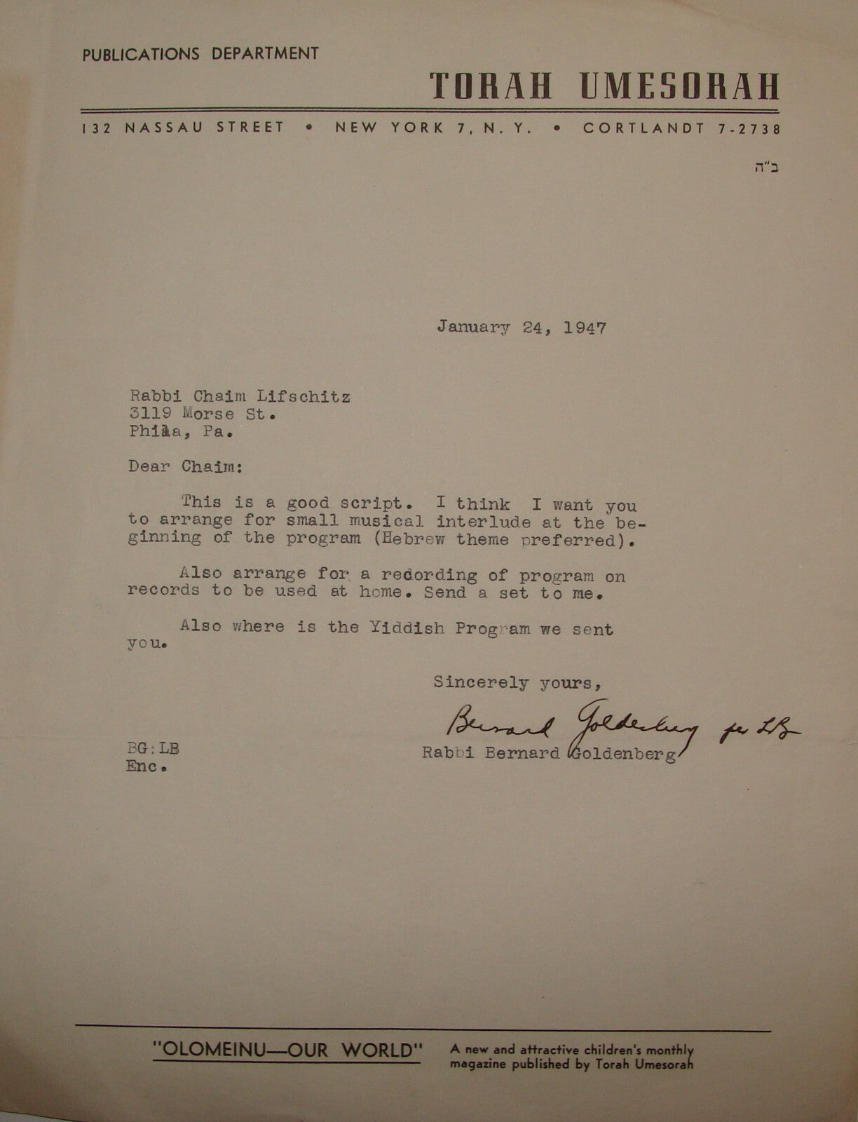 Letter Jewish American Judaica Rabbi Bernard Goldenberg Signed New York
