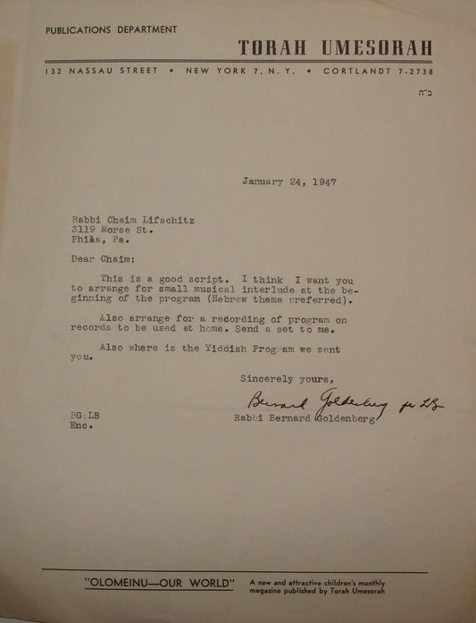 Letter Jewish American Judaica Rabbi Bernard Goldenberg Signed New York