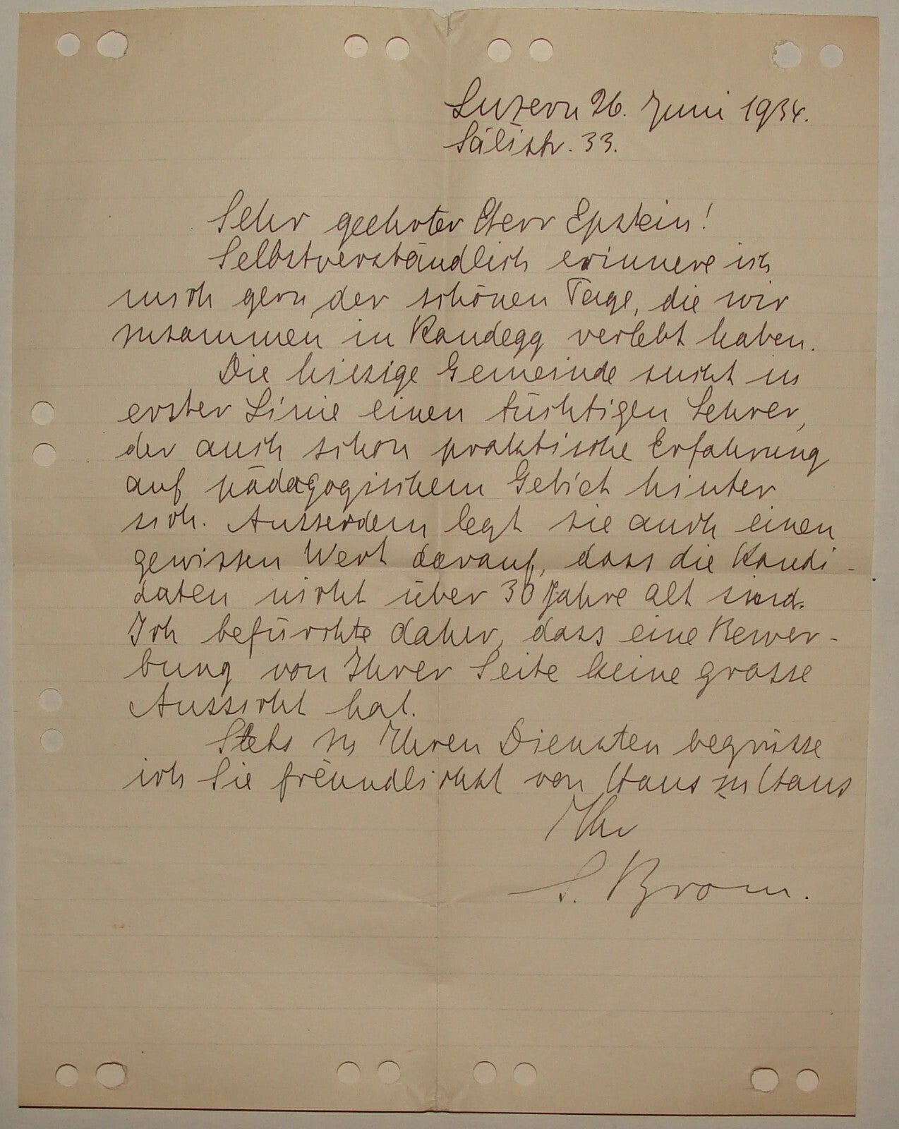 Letter Jewish RARE Judaica 1934 German Switzerland Luzern Rabbi Brom Signed