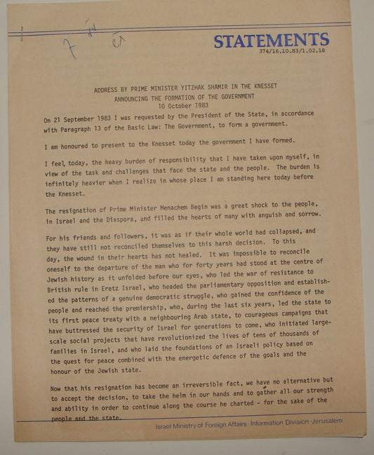 Pol Form Jewish Israel Israeli Prime Minister Yitzhak Shamir Address Government