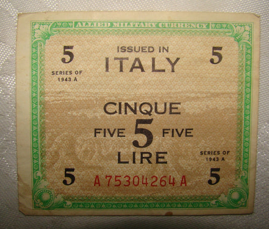 WW2 1943 Allied Military Currency Italy 5 Lire Bill Banknote