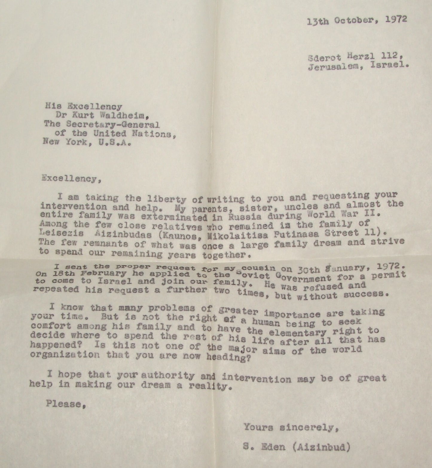 Letter Jewish Judaica 1972 Hebrew Zionist Soviet Lithuania Russia Jews Israel